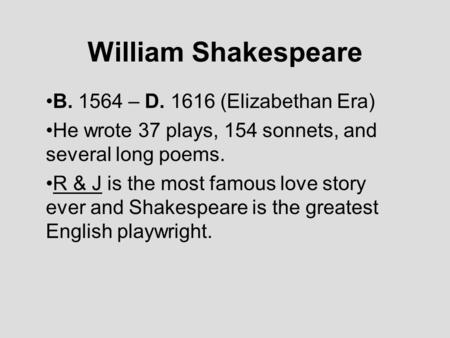 William Shakespeare B – D (Elizabethan Era)