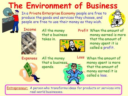 The Environment of Business In a Private Enterprise Economy people are free to produce the goods and services they choose, and people are free to use.