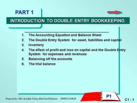C1 - 1 1.The Accounting Equation and Balance Sheet 2.The Double Entry System for asset, liabilities and capital 3.Inventory 4.The effect of profit and.
