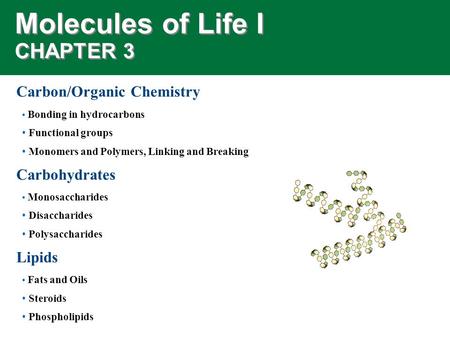Molecules of Life I CHAPTER 3 Carbon/Organic Chemistry Bonding in hydrocarbons Functional groups Monomers and Polymers, Linking and Breaking Carbohydrates.
