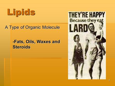 1 Lipids A Type of Organic Molecule -Fats, Oils, Waxes and Steroids.