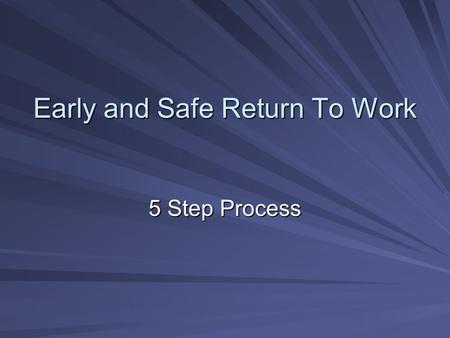 Early and Safe Return To Work 5 Step Process Setting the Standard Build a business case (How much is it costing you?) Secure Sr. Management Commitment,