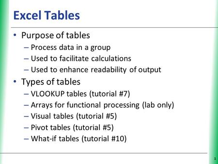 XP 1 Excel Tables Purpose of tables – Process data in a group – Used to facilitate calculations – Used to enhance readability of output Types of tables.