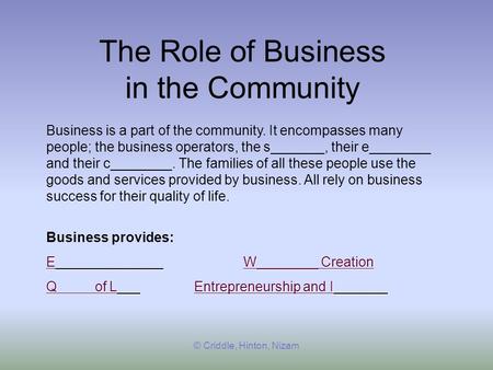 The Role of Business in the Community Business is a part of the community. It encompasses many people; the business operators, the s_______, their e________.