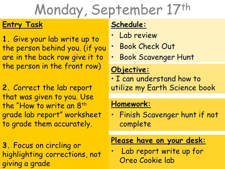 Monday, September 17 th Entry Task 1. Give your lab write up to the person behind you. (if you are in the back row give it to the person in the front row)