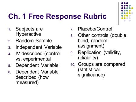 Ch. 1 Free Response Rubric 1. Subjects are Hyperactive 2. Random Sample 3. Independent Variable 4. IV described (control vs. experimental 5. Dependent.