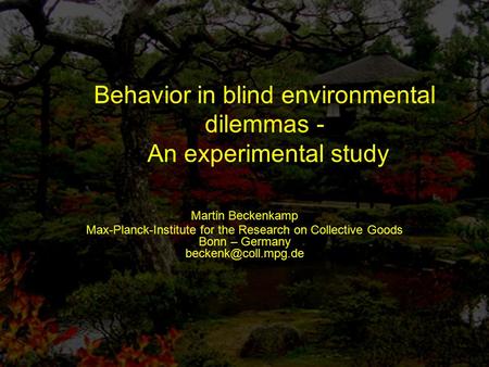 Behavior in blind environmental dilemmas - An experimental study Martin Beckenkamp Max-Planck-Institute for the Research on Collective Goods Bonn – Germany.