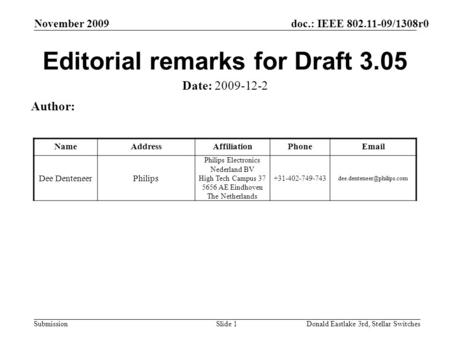Doc.: IEEE 802.11-09/1308r0 Submission November 2009 Donald Eastlake 3rd, Stellar SwitchesSlide 1 Editorial remarks for Draft 3.05 Date: 2009-12-2 Author: