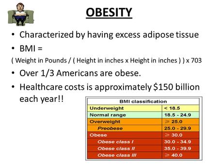 OBESITY Characterized by having excess adipose tissue BMI = ( Weight in Pounds / ( Height in inches x Height in inches ) ) x 703 Over 1/3 Americans are.