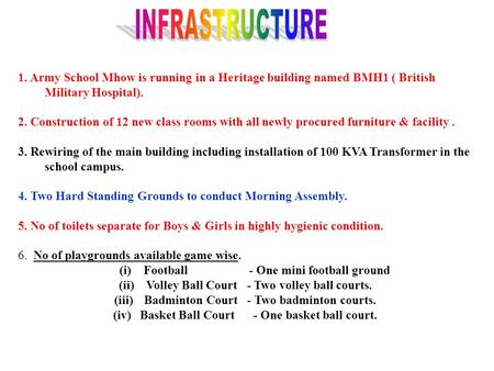 1. Army School Mhow is running in a Heritage building named BMH1 ( British Military Hospital). 2. Construction of 12 new class rooms with all newly procured.
