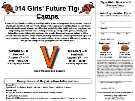 2014 Girls’ Future Tiger Camps Grade 3 – 6 Session I August 4 th – 7 th 8:00 – 9:45 Valley High School Grade 7 – 8 Session II August 4 th – 7 th 10:00.