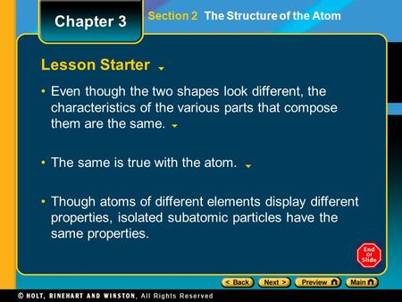 Section 2 The Structure of the Atom Lesson Starter Even though the two shapes look different, the characteristics of the various parts that compose them.