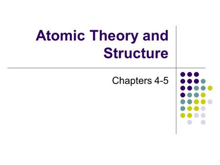 Atomic Theory and Structure Chapters 4-5 Atomic Theories Democritus ~ 400 BC believed that atoms were indivisible and indestructible Dalton ~ 1800’s.