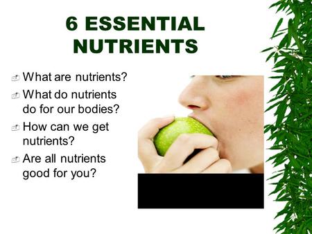 6 ESSENTIAL NUTRIENTS  What are nutrients?  What do nutrients do for our bodies?  How can we get nutrients?  Are all nutrients good for you?