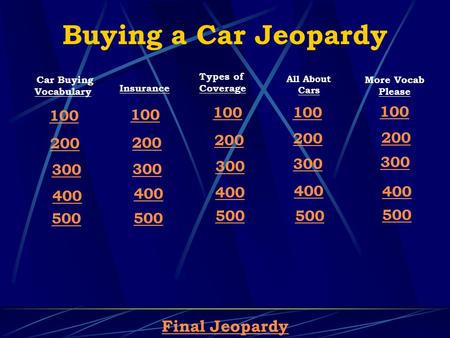 Buying a Car Jeopardy Final Jeopardy Car Buying Vocabulary 100 200 300 400 500 Insurance 100 200 300 400 500 Types of Coverage 100 200 300 400 500 All.