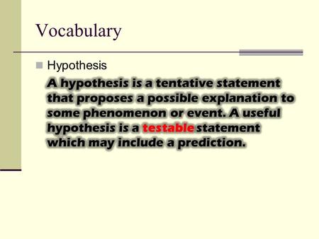Vocabulary. Writing A Proper Hypothesis Using the “If / Then” Method.