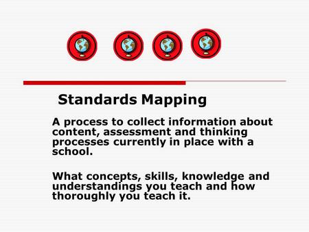 A process to collect information about content, assessment and thinking processes currently in place with a school. What concepts, skills, knowledge and.