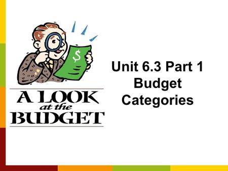 Unit 6.3 Part 1 Budget Categories. What is a Budget? A plan for spending and saving money Most people think budgets are: –Rigid and inflexible –Painful.