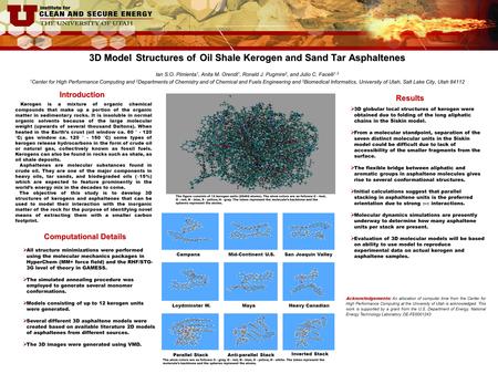 3D Model Structures of Oil Shale Kerogen and Sand Tar Asphaltenes 3D Model Structures of Oil Shale Kerogen and Sand Tar Asphaltenes Ian S.O. Pimienta 1,