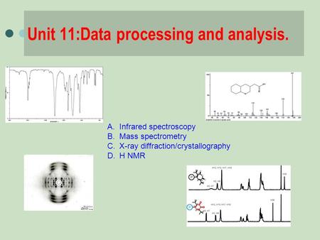 Unit 11:Data processing and analysis. A.Infrared spectroscopy B.Mass spectrometry C.X-ray diffraction/crystallography D.H NMR.