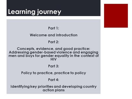 Learning journey Part 1: Welcome and introduction Part 2: Concepts, evidence, and good practice: Addressing gender-based violence and engaging men and.