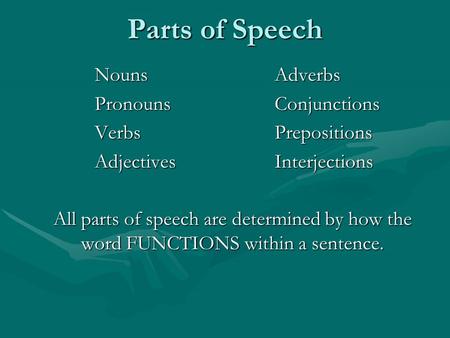 Parts of Speech Nouns Adverbs Pronouns Conjunctions Verbs Prepositions