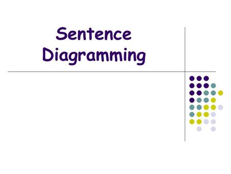 Sentence Diagramming. Sentence Diagrams A diagram is a visual outline of a sentence. It shows the essential parts of the sentence: Subject, Verb, Direct.