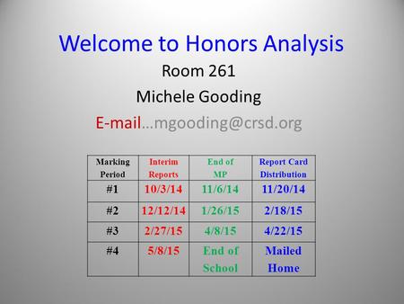 Welcome to Honors Analysis Room 261 Michele Gooding Marking Period Interim Reports End of MP Report Card Distribution #110/3/1411/6/1411/20/14.