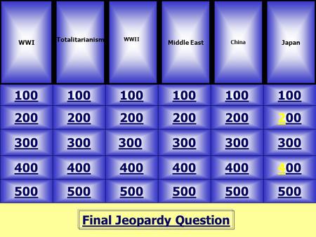 Final Jeopardy Question WWI Totalitarianism 100 JapanMiddle East China 500 400 300 200 100 200 300 400 500 20000 300 40000 100 WWII.