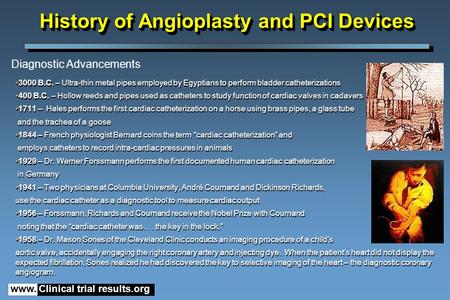 Www. Clinical trial results.org History of Angioplasty and PCI Devices 3000 B.C. – Ultra-thin metal pipes employed by Egyptians to perform bladder catheterizations.