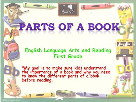 English Language Arts and Reading First Grade *My goal is to make sure kids understand the importance of a book and why you need to know the different.
