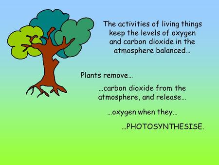 The activities of living things keep the levels of oxygen and carbon dioxide in the atmosphere balanced… Plants remove… …carbon dioxide from the atmosphere,