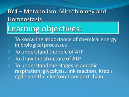 1. To know the importance of chemical energy in biological processes 2. To understand the role of ATP 3. To draw the structure of ATP 4. To understand.