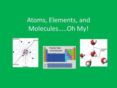 Atoms, Elements, and Molecules…..Oh My!. Matter Anything that has mass and takes up space – Mass: How much matter is in an object – Volume:How much space.