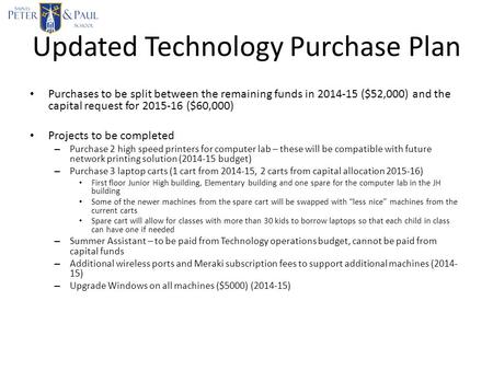 Updated Technology Purchase Plan Purchases to be split between the remaining funds in 2014-15 ($52,000) and the capital request for 2015-16 ($60,000) Projects.