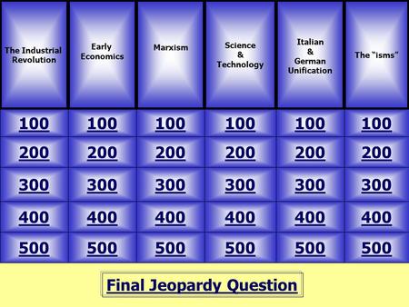 Final Jeopardy Question The Industrial Revolution Early Economics 100 The “isms” Science & Technology Italian & German Unification 500 400 300 200 100.