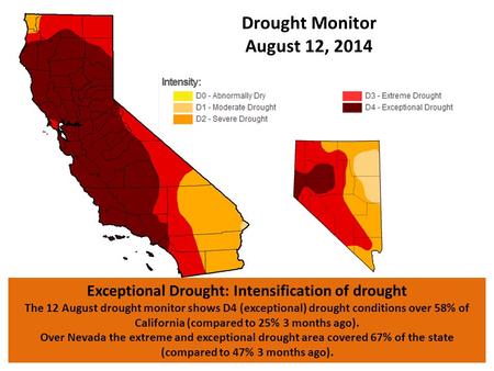 Exceptional Drought: Intensification of drought The 12 August drought monitor shows D4 (exceptional) drought conditions over 58% of California (compared.