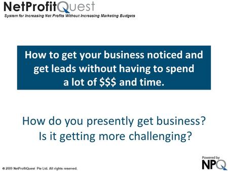System for Increasing Net Profits Without Increasing Marketing Budgets  2009 NetProfitQuest Pte Ltd. All rights reserved. How to get your business noticed.