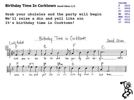 Birthday Time In Corktown David Olson 1/3 Grab your ukuleles and the party will begin We’ll raise a din and yell like sin It’s birthday time in Corktown!