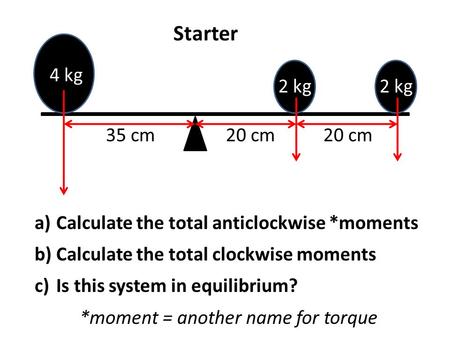 A) Calculate the total anticlockwise *moments b) Calculate the total clockwise moments c) Is this system in equilibrium? *moment = another name for torque.