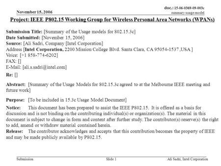 Doc.: 15-06-0369-09-003c summary-usage-model Submission November 15, 2006 Ali Sadri, Intel CorporationSlide 1 Project: IEEE P802.15 Working Group for Wireless.