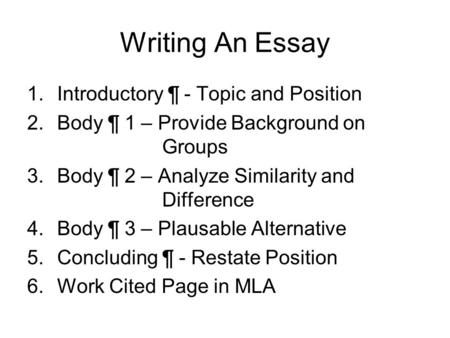 Writing An Essay 1.Introductory ¶ - Topic and Position 2.Body ¶ 1 – Provide Background on Groups 3.Body ¶ 2 – Analyze Similarity and Difference 4.Body.