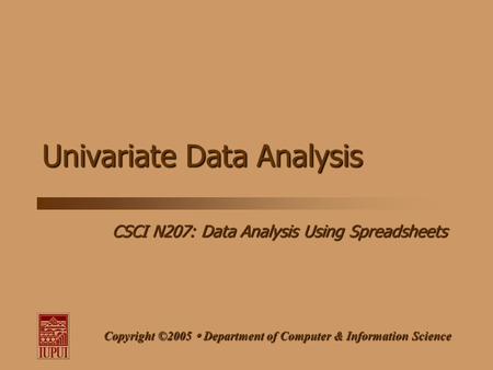 CSCI N207: Data Analysis Using Spreadsheets Copyright ©2005  Department of Computer & Information Science Univariate Data Analysis.