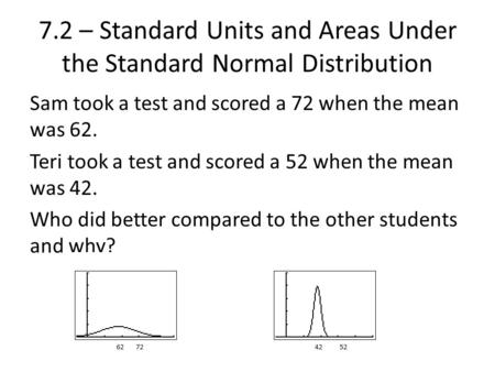 7.2 – Standard Units and Areas Under the Standard Normal Distribution Sam took a test and scored a 72 when the mean was 62. Teri took a test and scored.