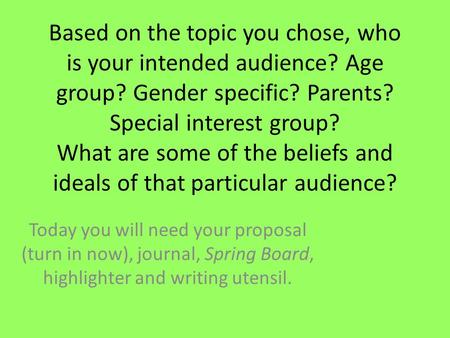 Based on the topic you chose, who is your intended audience? Age group? Gender specific? Parents? Special interest group? What are some of the beliefs.