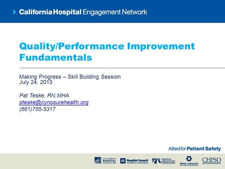 Quality/Performance Improvement Fundamentals Making Progress – Skill Building Session July 24, 2013 Pat Teske, RN,MHA (661)755-5317.