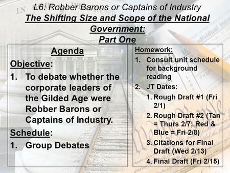 L6: Robber Barons or Captains of Industry The Shifting Size and Scope of the National Government: Part One Agenda Objective: 1.To debate whether the corporate.