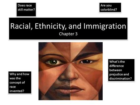 Racial, Ethnicity, and Immigration Chapter 3 Does race still matter? What’s the difference between prejudice and discrimination? Are you colorblind? Why.