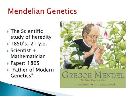  The Scientific study of heredity  1850’s; 21 y.o.  Scientist + Mathematician  Paper: 1865  “Father of Modern Genetics”