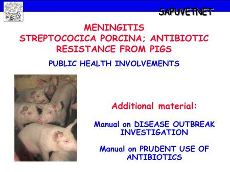 MENINGITIS STREPTOCOCICA PORCINA; ANTIBIOTIC RESISTANCE FROM PIGS PUBLIC HEALTH INVOLVEMENTS Additional material: Manual on DISEASE OUTBREAK INVESTIGATION.